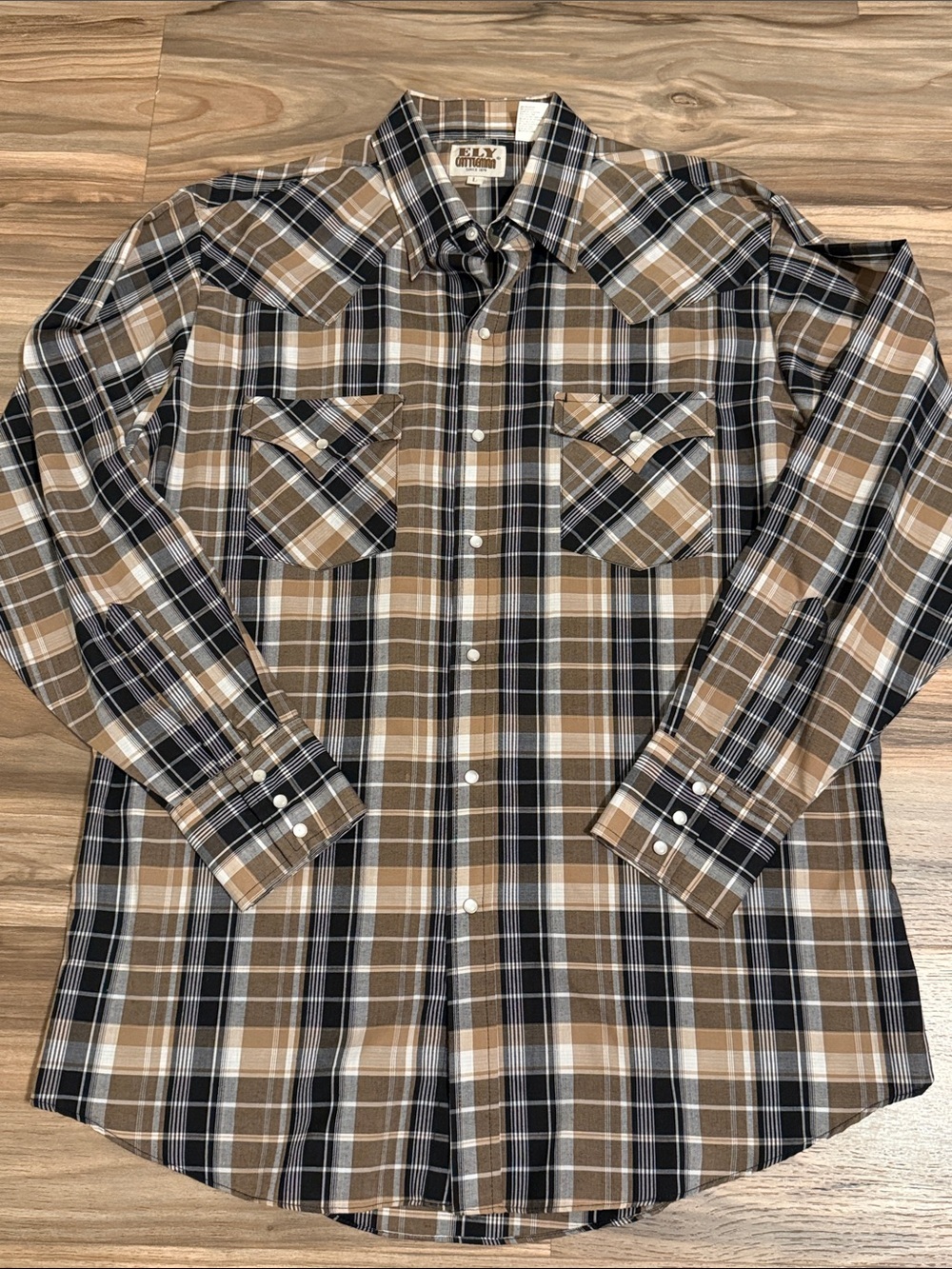 Ely Cattleman Shirt Mens L Brown Black Plaid Western Pearl Snap L/S Rodeo